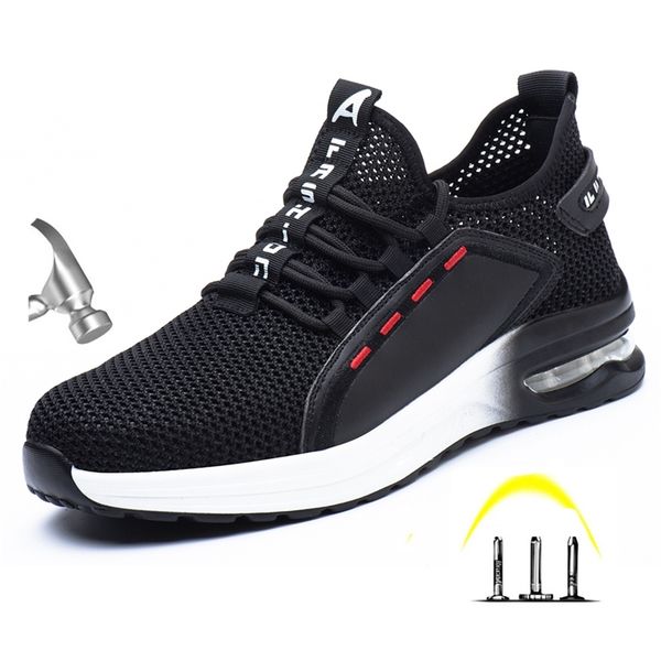 

men's outdoor breathable steel toe protective work shoes puncture proof safety boots indestructible shoes walking sneakers 211022, Black