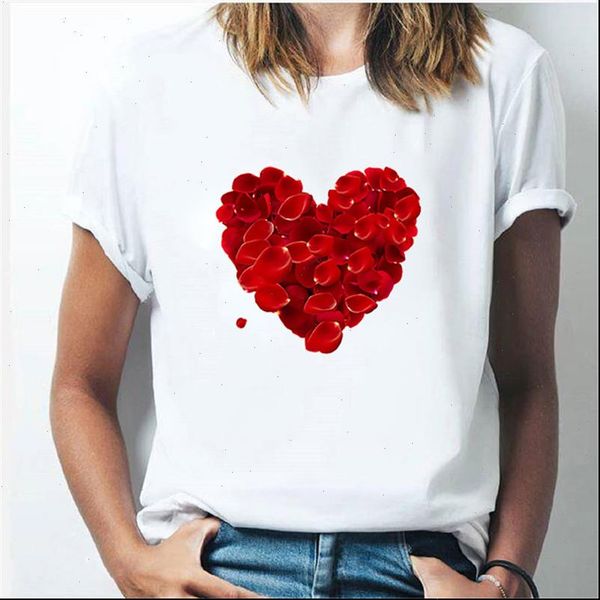 

plus size women t shirt 2021 summer rose heart print t shirt women casual white loose short sleeve tshirt camisas