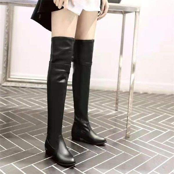 

boots women's flat heel single 2021 autumn round head low large over knee in and winter, Black
