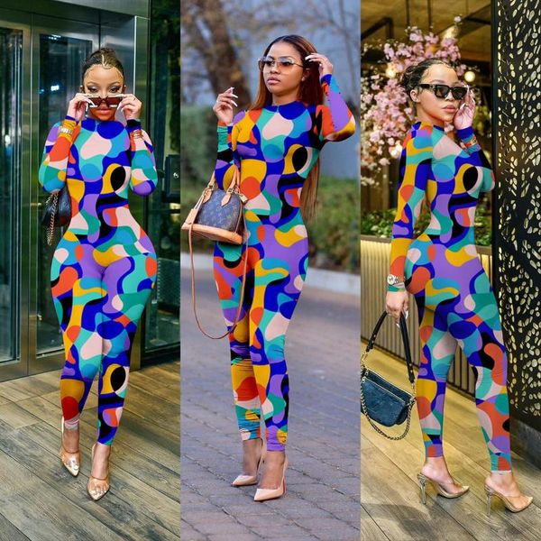 

women's pants & capris autumn and winter camouflage print slim jumpsuit long sleeve round neck club party, Black;white
