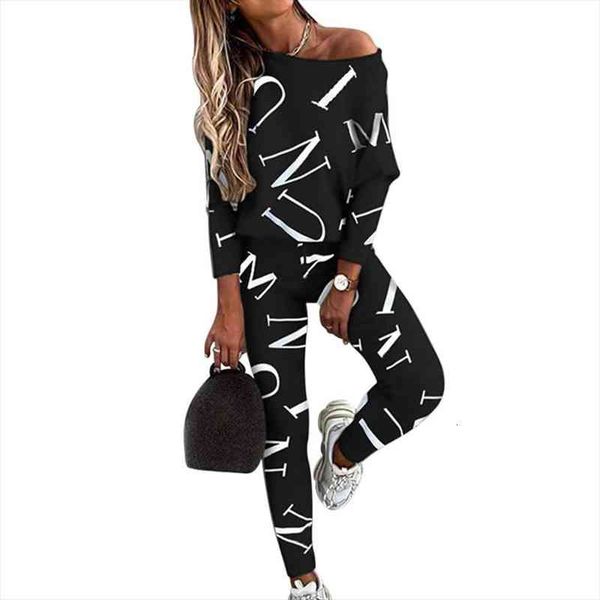 

womens letter printed tracksuit long sleeve round neck t-shirt high waist casual pants ladies sports daily wear outfits, White