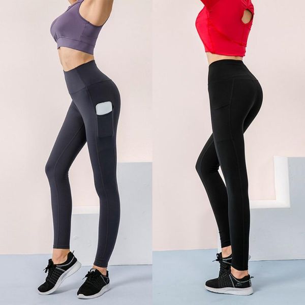 

women's leggings ladies sports fitness double-sided brocade nude pants pocket high waist abdomen hips cropped, Black