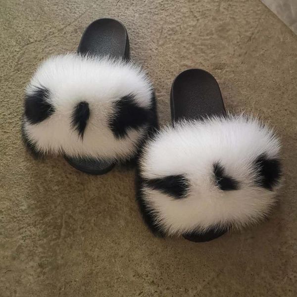 

slippers women shoes real fur slides genuine sandals, Black