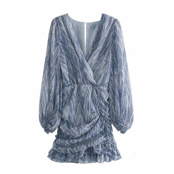

new women 2021 vintage animal printed draped mini dress fashion asymmetric hem ruffle trim v-neck long sleeves chic dresses r54f e49u, Black;gray