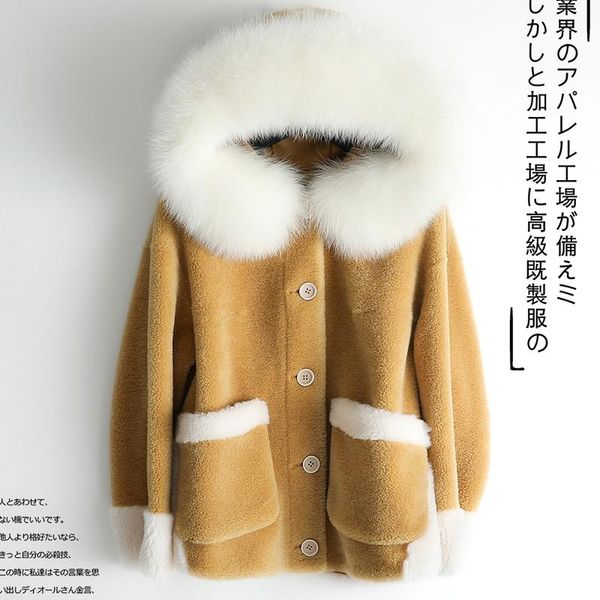 

women's fur & faux real sheep shearling coat female winter jacket women collar 100% wool coats chaqueta mujer my4071, Black