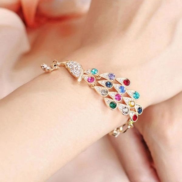 

charm bracelets imixlot fashion colorful rhinestone crystal peacock bracelet women girl bangle party jewelry gift, Golden;silver