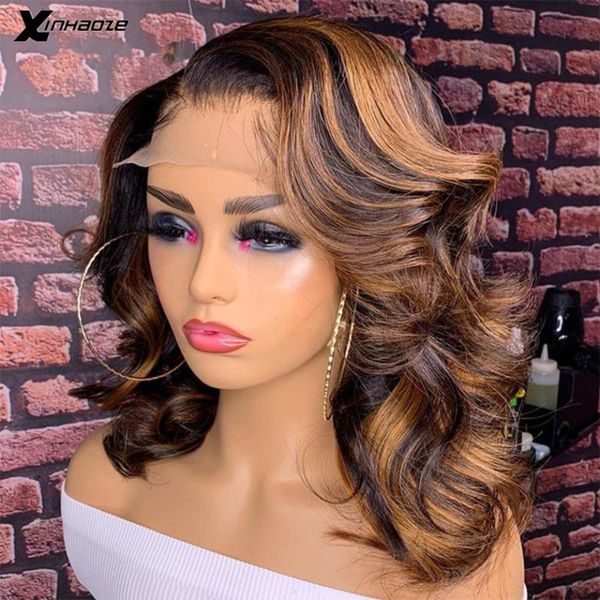 

lace wigs highlight honey blonde 13x4 front wig short bob brazilian remy human hair body wavy 4x4 closure, Black;brown