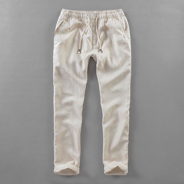 

2021 new novos casual 30-40 tamanho e de cintura elstica puro linho calas dos homens da marca moda 9m4z, Black