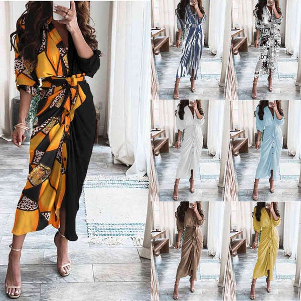 

casual dresses fashion 2022 summer ol temperament sleeve v-neck button printed dresses long skirt women's wear, Black;gray