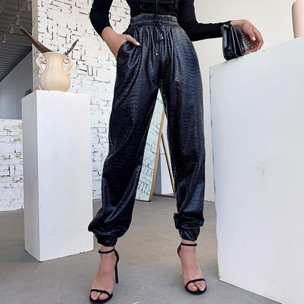 

women's pants & capris harem trousers women faux leather loose jogger mujer black high street elastic waist casual combat streetwear lo, Black;white