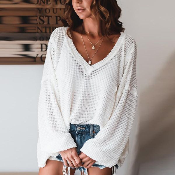 

women's blouses & shirts autumn women long sleeve loose knitted pullover fashion streetwear hollow out blouse casual v neck solid blus, White