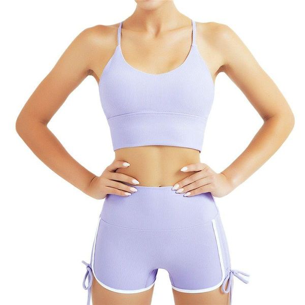 

women's tracksuits summer women vertical stripes two piece yoga set fitness sports running bra sling short casual tracksuit gym sportsw, Gray