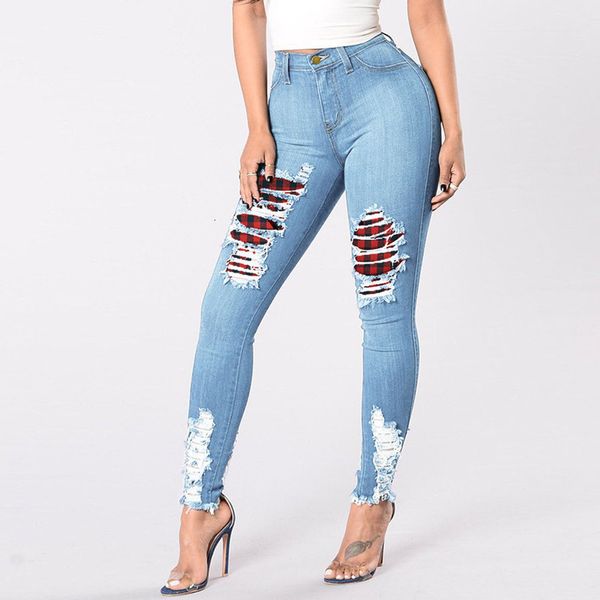 

buy women ripped paid patchwork mode stretch ny denim potlood broek street casual hipster jeans s-3xl, Blue