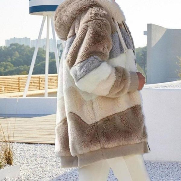 

women's jackets plush hooded autumn and winter warm color pocket mixed zipper loose streetwear x2z9, Black;brown