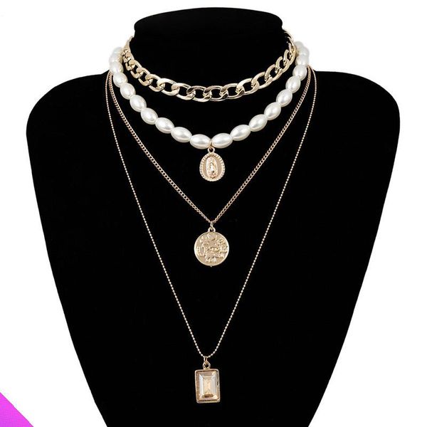 

chains wholesale 5 retro multilayer portrait crystal pearl chain necklace metal 2021 summer fashion girl lady jewelry gift, Silver