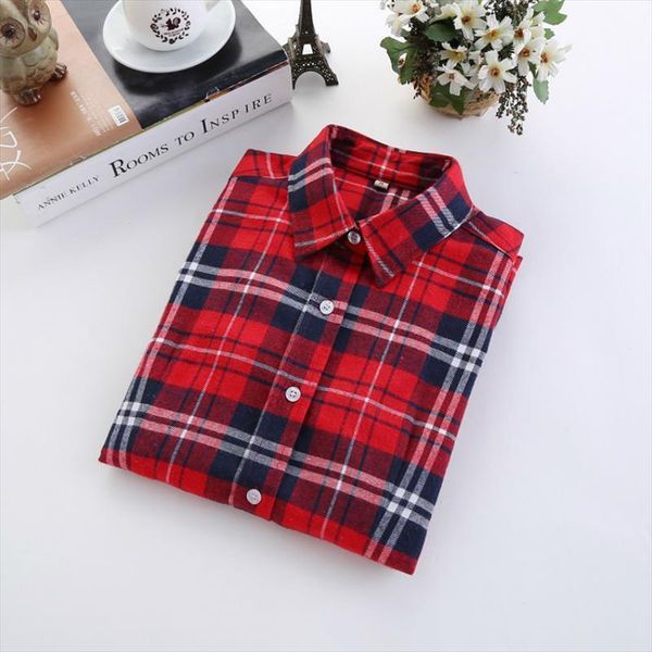 

brand fashion checkered casual women shirt style with long sleeve flannel plus size cotton blusa, White