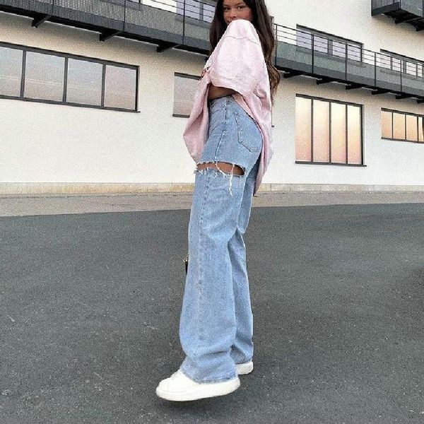 

women's jeans 2021 summer mother fashion ripped hole washed casual high waist straight pants, Blue