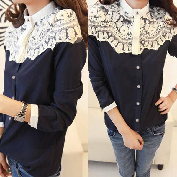 

women fashion lace floral women chiffon shirt button down long sleeve loose ladies blouse shirt vadim, White