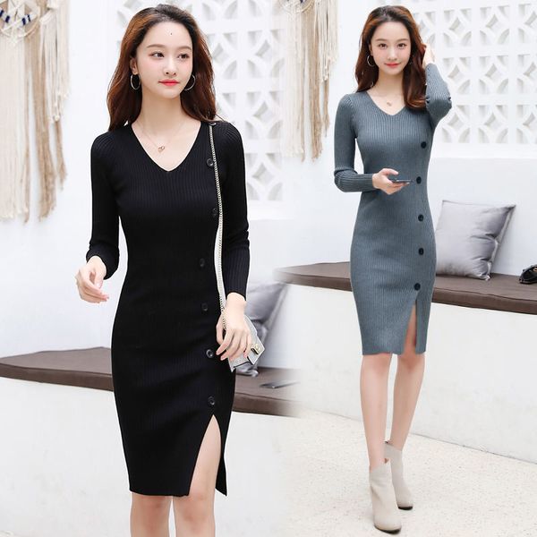 

new women 2021 autumn winter v-neck long sleeve sweater female slim bodycon knitted casual es ladies solid vestidos a443ojf2, Black;gray