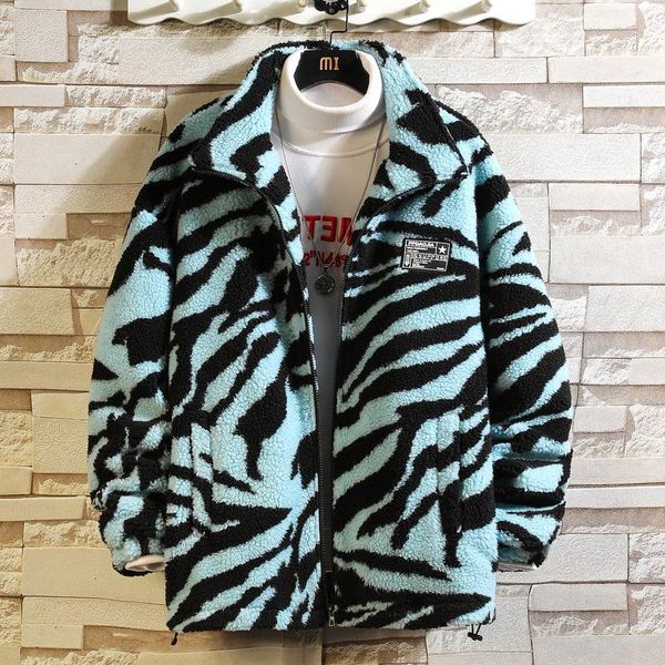 

men's wool & blends hip hop parka jacket men streetwear retro zebra pattern lambswool 2021 winter harajuku warm outwear, Black