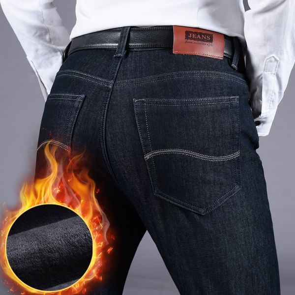 

2021 winter new men's thick warm jeans large size 40 business casual stretch denim trousers male brand pants black blue 9iz0