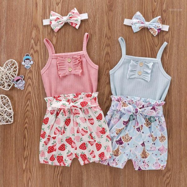 

clothing sets born girl clothes set toddler baby girls summer color sleeveless romper + printed shorts headband1, White