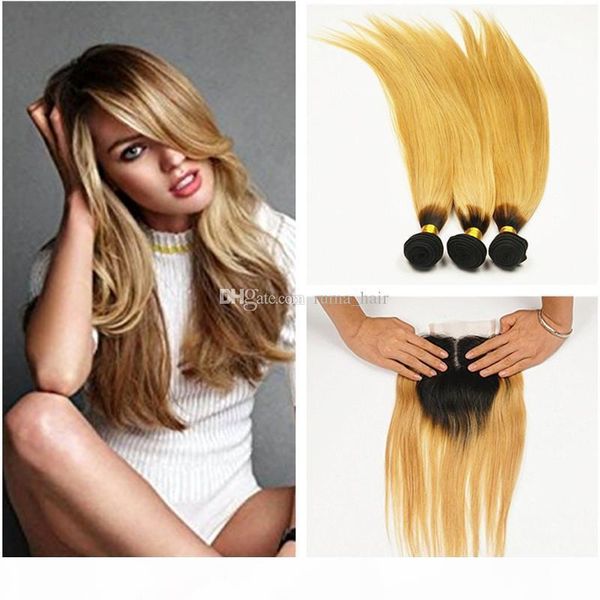 

bright blonde ombre hair weave with lace cllosure two tone 1b 27 strawberry blonde human hair bundles with lace closure 4pcs lot, Black;brown