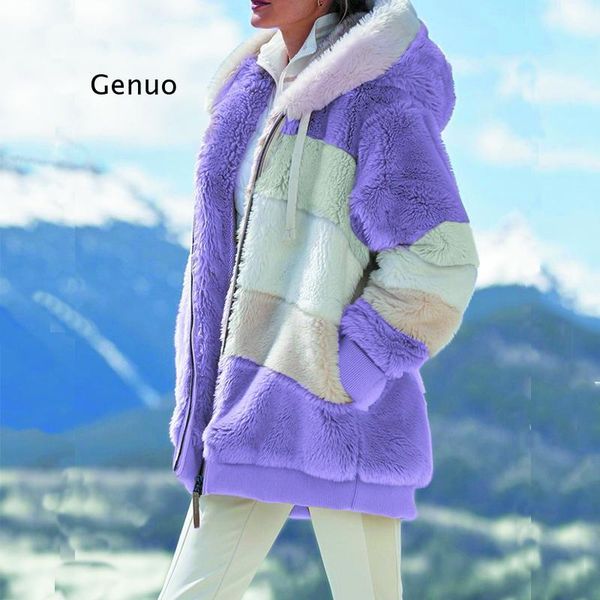 

women's wool & blends lamb padded coat plus size thick fur long women winter warm loose plush soft fluffy outerwear pure color sleeve, Black
