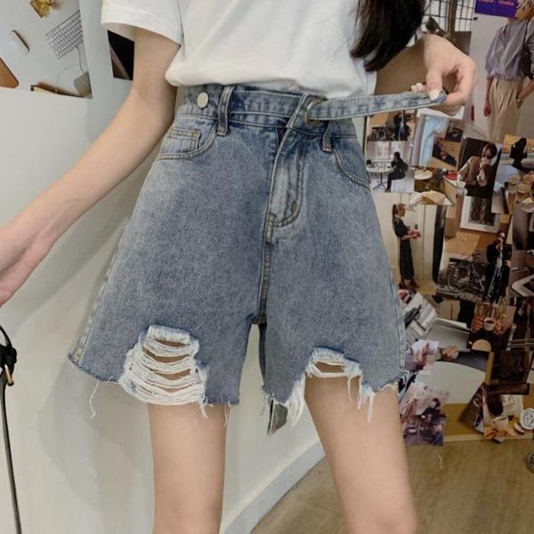 

women's shorts 2021 retro ripped jeans women summer style korean loose high waist wide leg, White;black