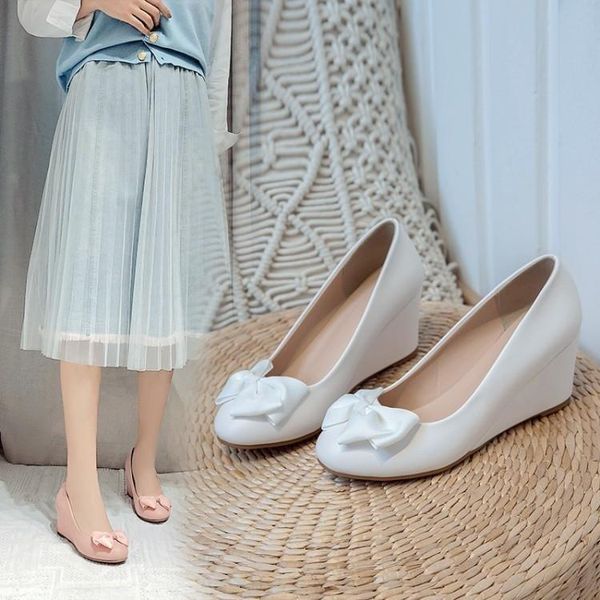 

dress shoes and spring summer large women's sweet bow round head shallow mouth slope single high heels versatile women pumps, Black