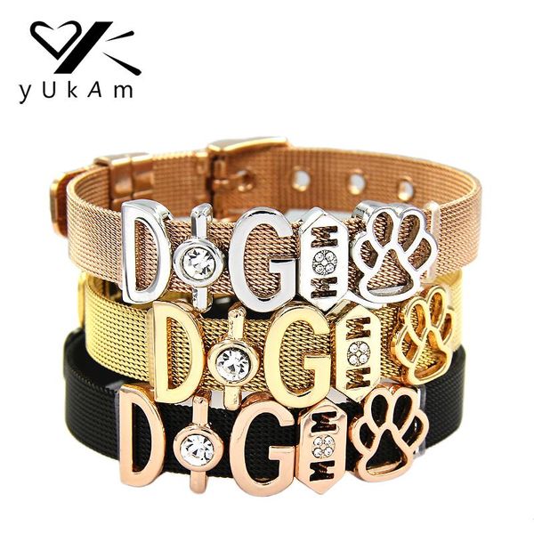 

charm bracelets yukam jewelry crystal love dog pet mom slide charms keeper bangles for women stainless steel mesh, Golden;silver