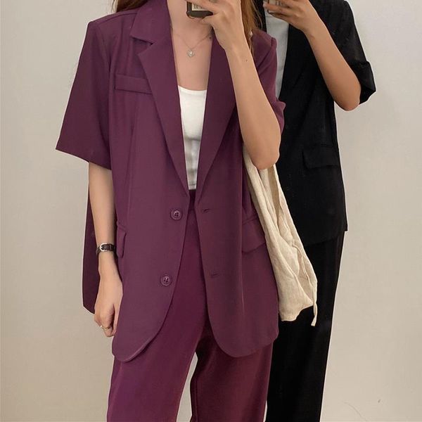 

summer women two piece set elegant single breasted short sleeve coat and wide leg long pants office lady suit korean 2 piece, Gray