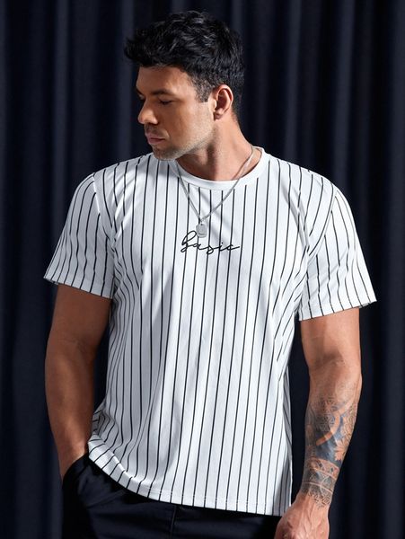 

extended sizes men striped & letter graphic tee q6r7#, White;black