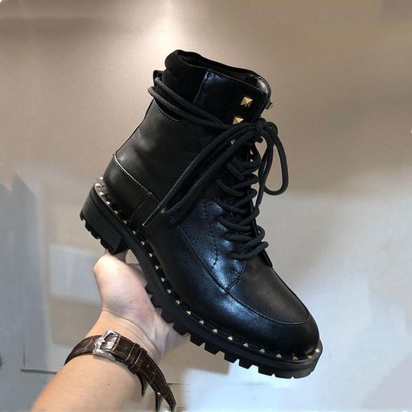 

boots women's fashion design ankle leather black rivet platform thick with casual shoes motorcycle ladiesshortboots