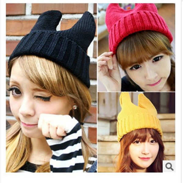 

beanies women's knitted hat skullcap devil horns men's beanie winter retro docker