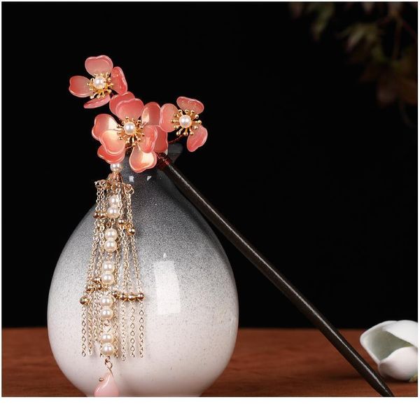 

new chinese style wooden hairstick flower pearl hairpin long tassels hairpins with beads wedding bride retro tiara acc jllvra