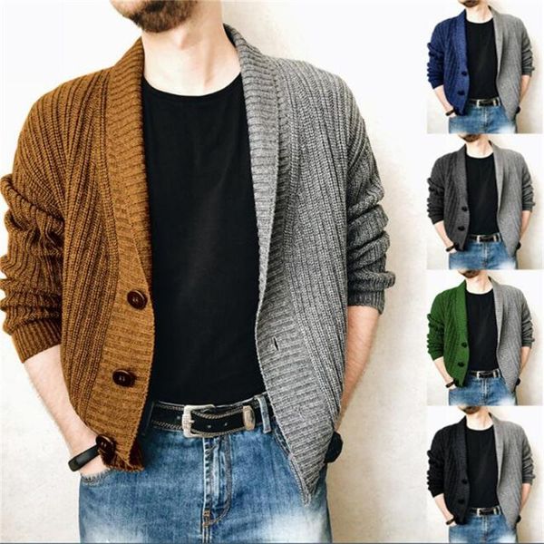 

men's sweaters autumn winter 2021 kniting outerwear men/youth v-neck splicing single-breasted long sleeve casual loose thick cardigan s, White;black