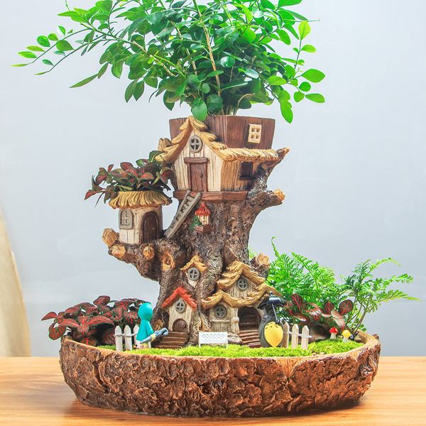

modern fairy garden pot miniature stump resin flower pot cartoon treehouse sculpture succulent planter balcony plant flowerpot y200723