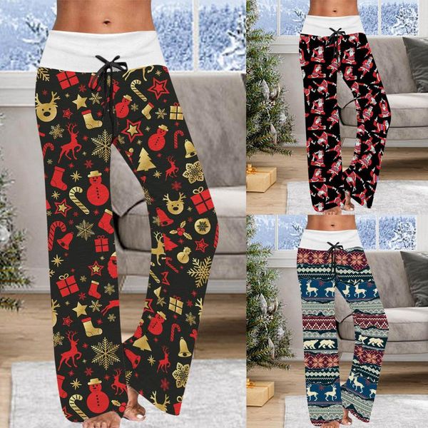 

women's pants & capris christmas causal exercise yuga loose print mid waist drawstring long wide leg sports, Black;white