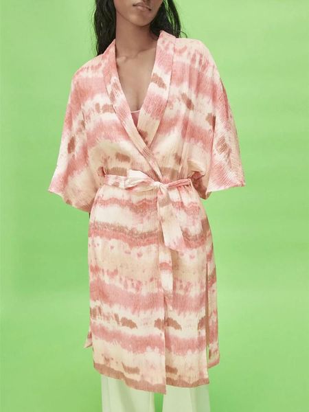 

women's jackets summer women retro tie-dye print long kimono coat jacket casual v neck 3/4 sleeve loose maxi shawl with belt blouse, Black;brown