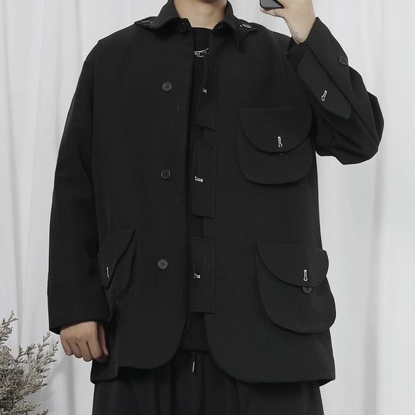 

men's jackets suit jacket spring and autumn multi-pocket decoration japanese retro lapel punk casual loose large coat, Black;brown