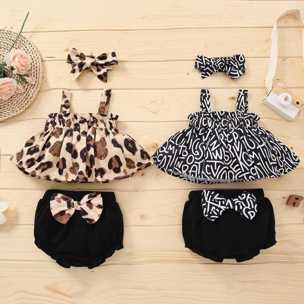 

clothing sets 0-12m infant baby girl 3pcs leopard print spaghetti straps +bow shorts+headdress for infants, White