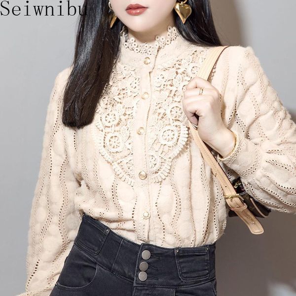 

women's blouses & shirts crochet lace hollow out women korean ladies stand collar long sleeve blusa vintage blouse autumnwinter villus, White