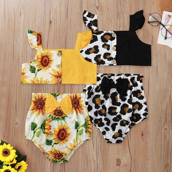 

clothing sets children clothes girl born baby sunflower leopard jumpsuit romper summer bodysuit 3-24months kids girls, White