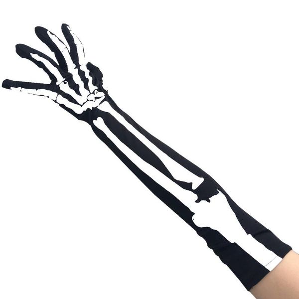 

five fingers gloves skeleton print cool women opera length nylon glove 2021 halloween lady gothic hipster punk mittens scare props 50*10 cm, Blue;gray