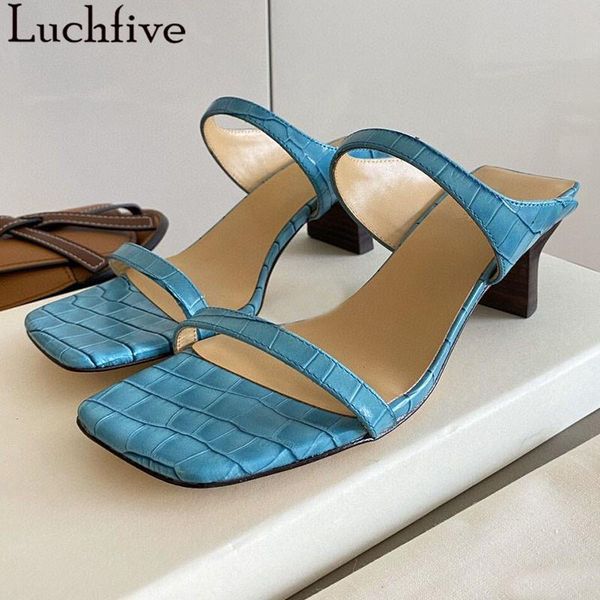 

slippers textured open toe women wide hoof heels shoes woman one belt summer slides blue zapatos mujer, Black