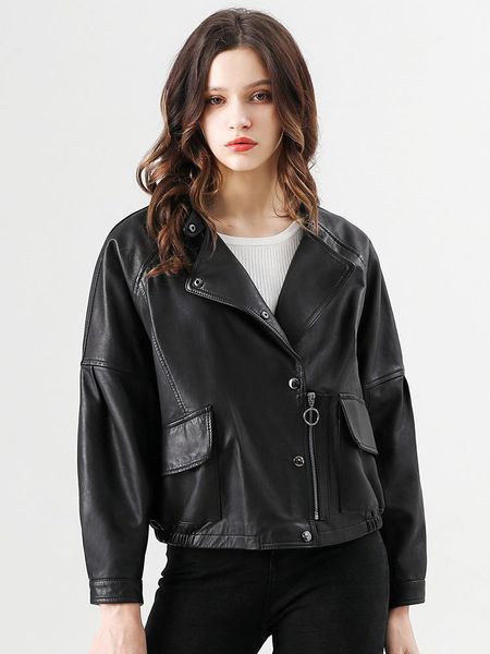 

women's leather & faux clothing women's sheep skin short style korean loose jacket in spring and autumn 2021, Black