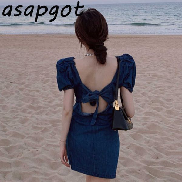 

dress back lace up summer retro square neck puff short sleeve denim dress mini backless bow temperament slim waist jean 210610, Black;gray