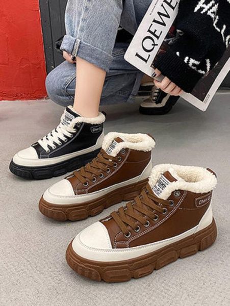 

boots ladies cotton shoes winter color matching cross straps flat-bottomed comfortable non-slip warmth and velvet snow boots., Black