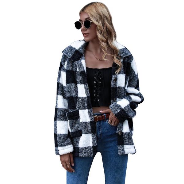 

women's jackets long coat women plaid button down jacket autumn casual sleeve fuzzy fleece loose lapel neck single breasted pockets, Black;brown